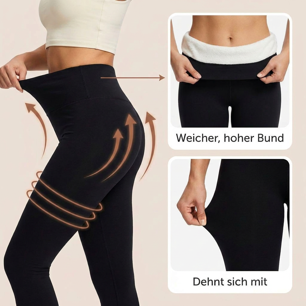 Leggings in Seitenansicht, umgeklappter Bund mit Fleece und gedehnter Stoff