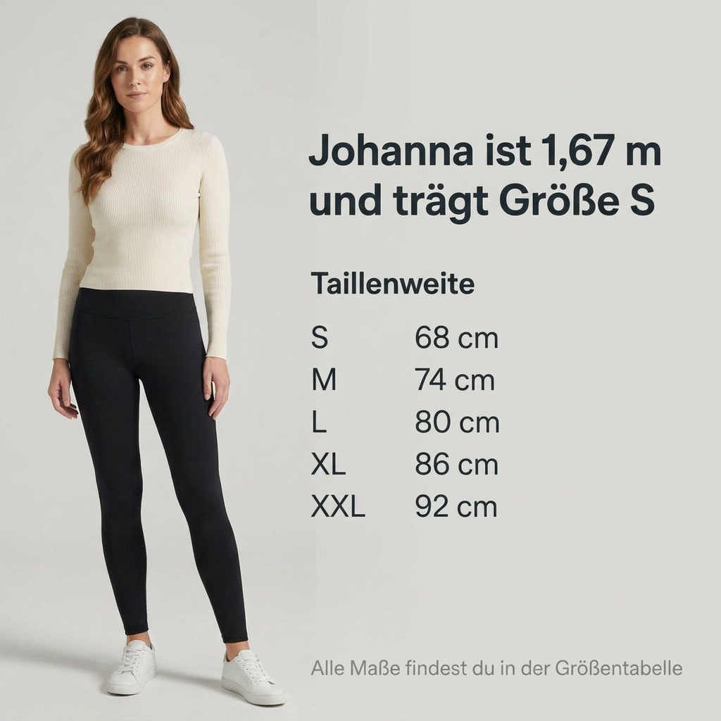 Model mit 1,67 m trägt die Thermo Leggings in Größe S, mit Taillenweiten von S bis XXL
