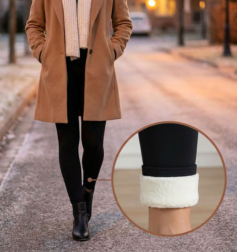 Frau im Wintermantel auf abendlicher Straße, Lupe zeigt das weiße Fleece am umgeklappten Saum der Leggings