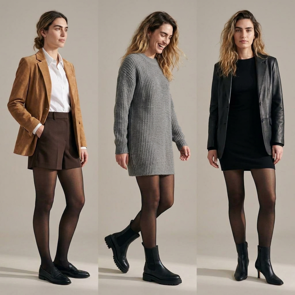 Drei Winteroutfits mit transparenter Winterstrumpfhose zu Shorts, Strickkleid und Minirock