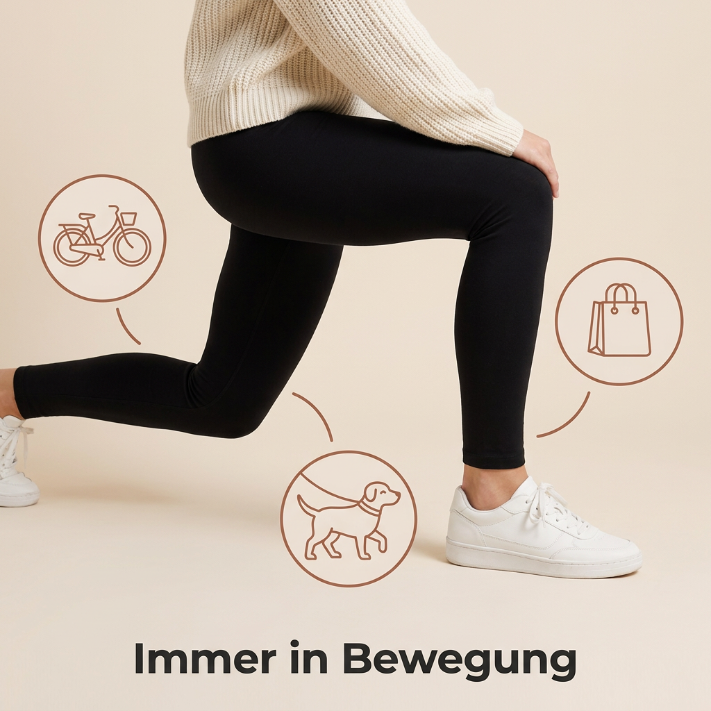 Frau im Ausfallschritt in schwarzer Thermo Leggings, Icons für Radfahren, Gassi gehen und Einkaufen